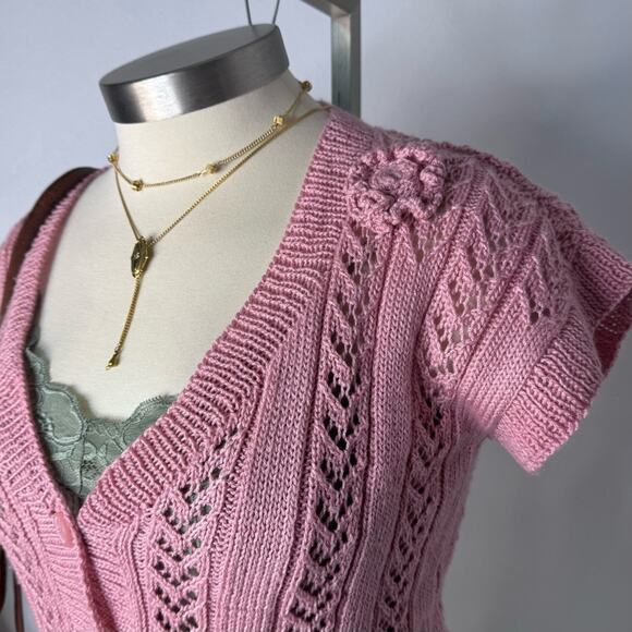 Vintage Pink Crochet Knit Cardigan Top Open Knit Coquette Y2K Cottagecore - Picture 2 of 7